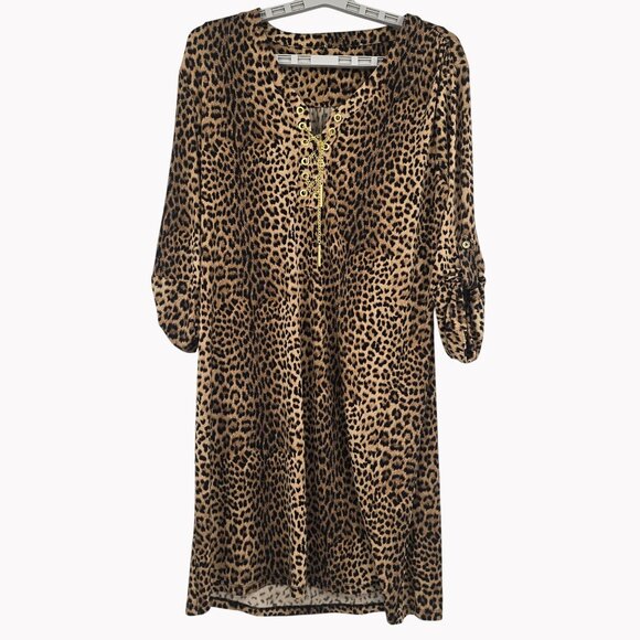Michael Kors Dresses & Skirts - Michael Kors Sz 10 Leopard Print Slinky Stretch Dress Gold Chain Lace Up Detail